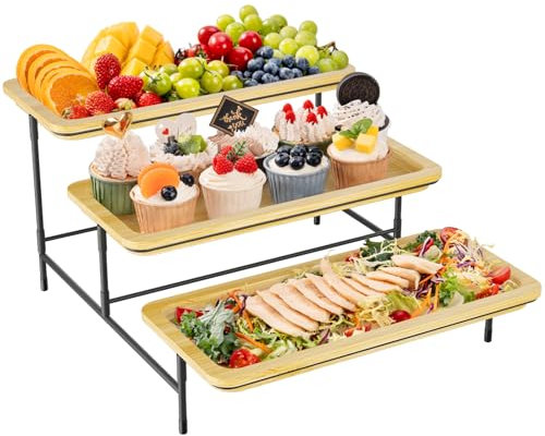 Lifewit 3 Etagen Bambus Servierplatte, 36 x 17 cm Serviertablett mit Schwarzer Metallständer für Partyzubehör Buffet Zubehör, Große wiederverwendbare Tabletts Displayständer für Gemüse/Obst/Desserts