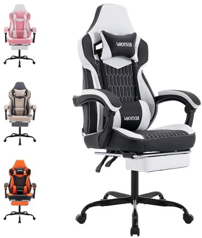Gaming Chair, Ergonomic Gaming Chair with Footrest and Lumbar Support, Computer Chairs, Height Adjustable Computer Racing Gamer Chairs for Gaming or Office, Black White