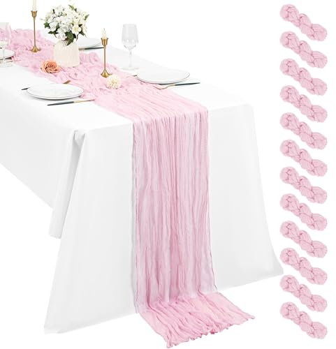 12 Stück Babyrosa Seihtuch Tischläufer 3 m Boho Gaze Tischläufer 55 x 300 cm rustikal romantisch Langer Tischläufer für Hochzeit Party Brautparty Erntedankfest Weihnachtsdekoration