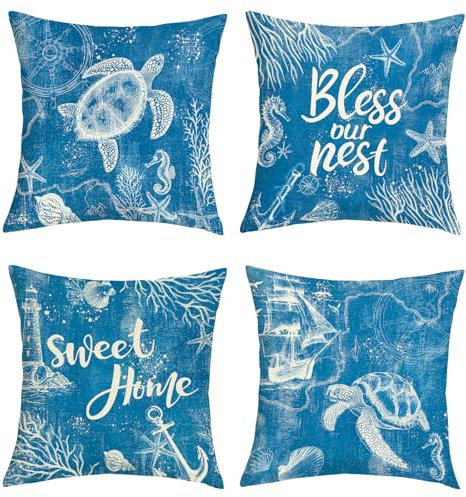 Joymaison Kissenbezüge 45x45 cm 4er Set Sommer Marine Blau Nautisch Dekorative Kissenbezug Ozean Meeresschildkröte Anker Deko Kissenhülle für Sofa Couch Schlafzimmer Wohnzimmer