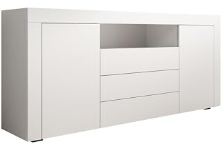 MB Muebles Bonitos, Sideboard mit Türen und Schubladen Yanis für modernes Wohnzimmer und Esszimmer, Melamin matt, Farbe Weiß, 160x72x35 cm