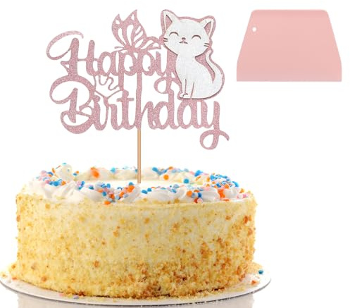 KQDRAVINE Tortendeko Katzen Geburtstag Deko mit Kuchenschaber, Glitzer Katzen Deko, Kuchendekoration Kuchen Deko Geburtstag Katze Kuchen Topper, für Kätzchen Thema Baby Dusche Kinder Party