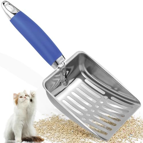 Apidgrowth Cat Litter Scoop - Metal Cat Litter Scoop - Stainless Steel Scoop for Cats - Sturdy Metal Mesh - Rubber Handle - Easy to Clean, Suitable for Cat Litter Boxes (Blue)