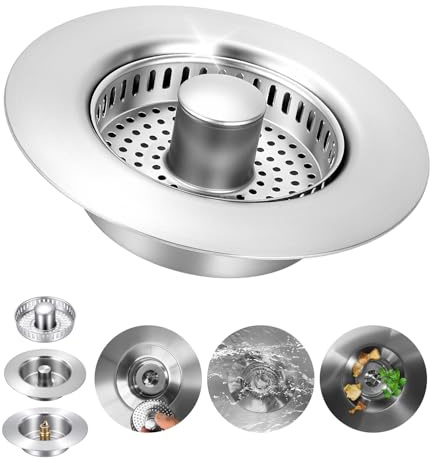Nixovo 3 en 1 Colador de Fregadero de Cocina, Tapon Fregadero Cocina para Profundidad > 37 mm y Orificio de 75 – 87 mm, Filtro Fregader Cocinas Acero Inoxidable 304, Tapón de Desagüe con Colador