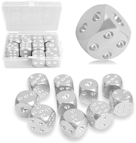 10 Stücke Aluminium Würfel Sets, Sechsseitige Würfel-Spiel-Würfel, Standard D6 runder Winkel, 15mm (Silber)
