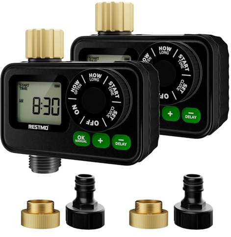 RESTMO 2 PACK Garden Watering Timer Hose Pipe Timer | Outside Tap Timer with Rain Delay/Manual/Automatic Watering System for Outdoor Faucet, Garden Sprinkler, Yard and Lawn