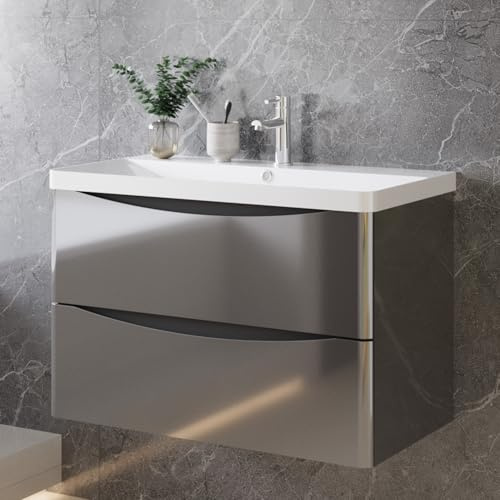 Aica Sanitär Badmöbel Set 80 cm Sofia Waschbecken mit Unterschrank Dunklegrau Hochglanz Waschtisch mit Schrank