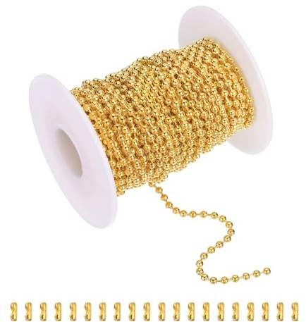 sourcing map Kugelkette aus Edelstahl, Kugelkette mit 20 Verbindungsstücken zum Aufhängen, Ornament, Hundemarken, Schlüsselanhänger, Weihnachtsdekoration (Gold, 3 mm Außendurchmesser), 10 m