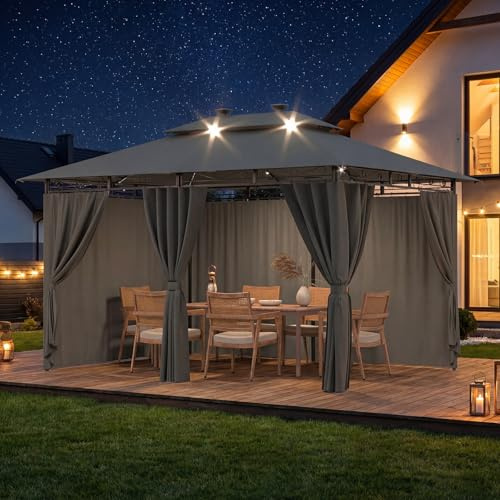 Devoko Garden Pavillon 3x4 Wasserdicht Stabil Winterfest Deluxe Gazebo, UV-Schutz 50+ Doppellagiges Grilpavillons mit seitenwänden für 8-14 Personen, Partyzelt für Freizeit, Partys,Grau mit LED