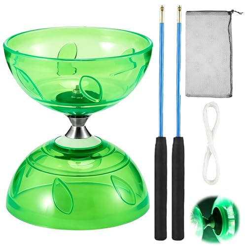 KBIBCK Diabolo Freiläufer mit kugellager Dreifache Lagerung Set, Diabolo Leuchtend im Dunkeln mit Ersatzseil 10m, Stange, Netzbeutel, Diabolomit Kugellager, Geschenk für Anfänger (Leuchtendes Grün)