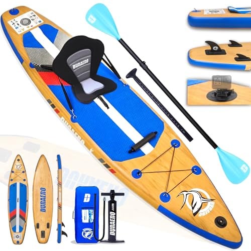 DURAERO Planche de Stand up Paddle Gonflable XXL 330cm, Sup avec siège Kayak et Repose-Pieds, pagaie Double, Support caméra, Accessoires complets, Charge 150 kg, Design Bois