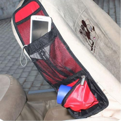 Vinsani® Car Seat Side Pocket Organizer – Multi-Purpose Hanging Storage Pouch for Phones, Keys, Drinks & Accessories – Waterproof Fabric with Adjustable Straps – 38 x 12.5 cm – Red