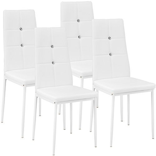 tectake® 4er Set Stühle Esszimmer, 4X bequemer Stuhl Kunstleder mit Glitzersteinen, Esszimmerstühle, Polsterstuhl für Wohnzimmer, Dining Table, Küchentisch, Essstühle, hohe Rückenlehne - weiß