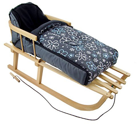 RAWSTYLE *Kombi-Paket* Holz-Schlitten mit Rückenlehne & Zugseil + universaler Winterfußsack (90cm) Fleece, auch geeignet für Babyschale, Kinderwagen, Buggy (Flowers Grau)