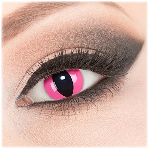 Farbige rosa Crazy Fun Kontaktlinsen 1 Paar 'Pink Cat' mit Kombilösung (60ml) + Behälter - Topqualität von 'Evil Lens' zu Fasching Karneval Halloween ohne Stärke