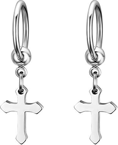 JewelryWe Schmuck Kreuz Ohrringe, Klassische Edelstahl Creolen Ohrstecker Ohrhänger mit Kruzifix Anhänger für Herren Damen, Silber