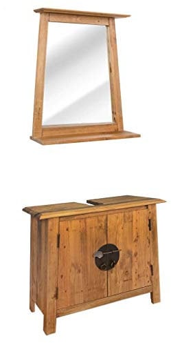 Festnigh Set Mobili da Il Bagno in Legno Massello di Pino Riciclato,Armadietto da Bagno sotto Lavabo/sotto Lavandino in Legno Massello con Specchio a Parete