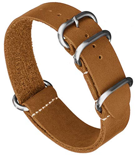 Benchmark Leder-Uhrenarmband – Crazy Horse Geöltes Leder Einteiliges Militär-Uhrenarmband – Gebürsteter Edelstahl Zulu-Stil Hardware – 18 mm, 20 mm, 22 mm oder 24 mm Breite, Sand, 24mm, Einteiliger