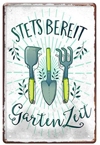 Blechschild Stets bereit Gartenzeit - Metallschild mit witzigen Spruch für Garten Meister und Meisterinnen - Retro Deko Schild für Balkon Terrasse Gartenhaus Laube Hobbykeller Geräteschuppen - 20x30cm