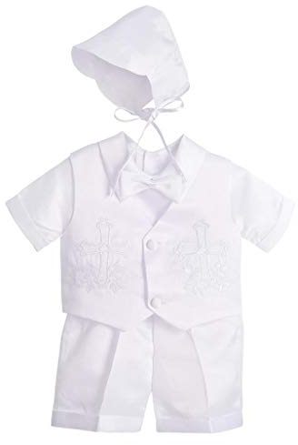 Lito Angels Costume Baptême Garçon 5 Pièces Bonnet, Blanc | Ensemble 5 pièces, bonnet, chemise, gilet brodé, pantalon, nœud papillon
