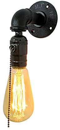 Vintage Industrial Black Wall Lights E27 Water Pipe Metal with Pull Cord Switch Indoor Retro Wall Sconce Hardwire Wall Light Fixture for Home Decor Headboard Bedroom Farmhouse