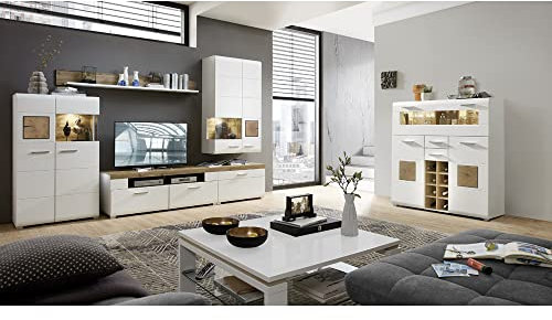 Lomadox Wohnzimmer Möbel weiß mit Barschrank Set Absetzungen in Eiche Nb. inkl. LED Beleuchtung, B/H/T: ca. 315/205/47 cm