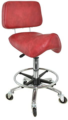 VAKON SALON - Breiter Sattelhocker mit Lehne Rot, Sattelstuhl für Rückenentlastung, Rollhocker höhenverstellbar von 55-75 cm mit Fußring, Drehhocker, Praxishocker, Bürohocker, Arbeitshocker