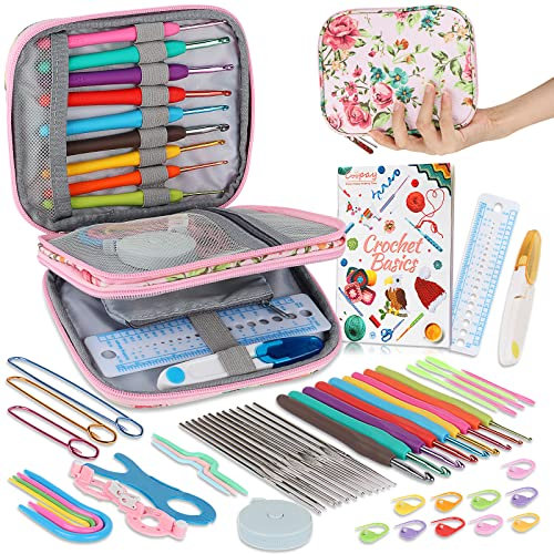 Coopay 55 Stück Häkelnadel Set, Häkelset für Anfänger, Häkelnadeln Set mit Etui, Bunte Ergonomische Häkelnadeln und Spitzen Häkelnadel, Kompaktes Häkelnadelset mit Komplettem Strick- und Häkel-Zubehör