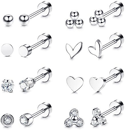JeryWe 8 Paare Kleine Ohrstecker Set für Damen Mädchen Edelstahl Knorpel Flach zurück Ohrringe CZ Herz Kugel 18G Tiny Ohrringe Tragus Daith Helix Ohr Piercing Schmuck Hypoallergen