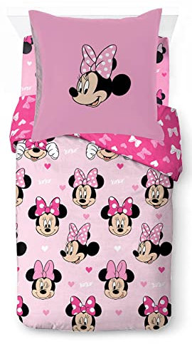 Disney Minnie Hearts & Love 100% Baumwolle 3-teiliges Bettwäsche-Set 135x200cm Einzelbettgröße - Bettbezug + Spannbettlaken 90x200 cm + Kissenbezug 80x80 cm