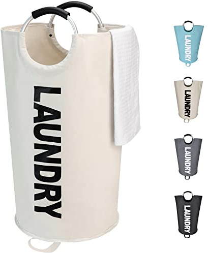 Maxsilan 90L Large Laundry Basket Bag, Collapsible Tall Hamper, Beige | Freestanding tall laundry bag & foldable washing basket. Large capacity clothes storage bin with durable sturdy handles