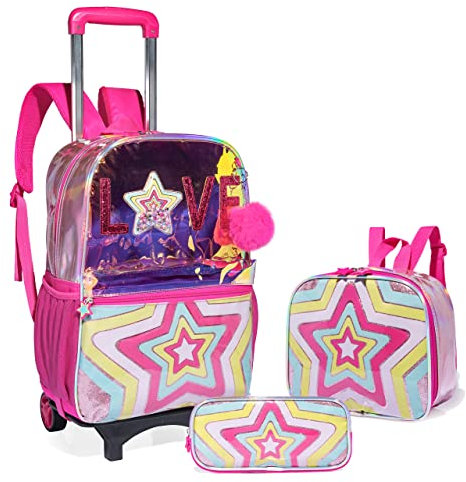 HTgroce Rose Cartable a Roulette Fille, 16 Pouces Sac a Roulette Fille Primaire, Détachable Cartable roulettes Enfant pour Voyages Scolaires