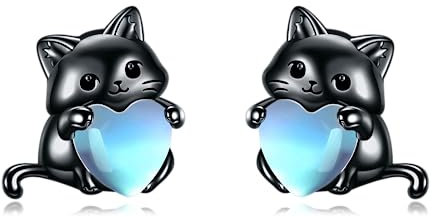 YFN Katze Mondstein-Ohrringe für Frauen Sterling Silber Tiere Katze Ohrstecker für Mädchen (schwarz)