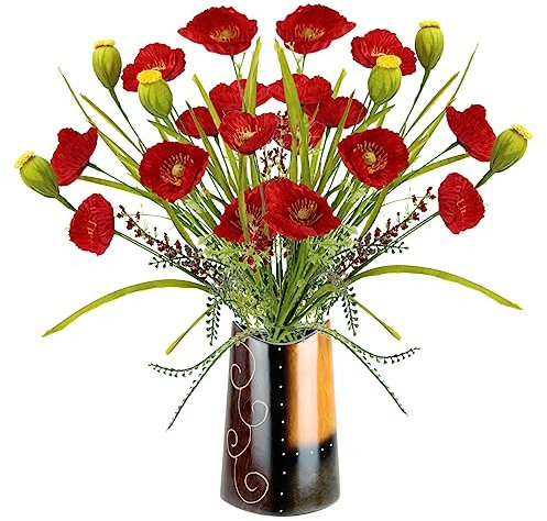 Flair Flower Mohnblumenbusch in Vase künstliche Blumen Mohnblume Mohn Mohnbusch Bouquet Kunstblumen Strauß Blumenstrauß Blumenbouquet Blumendeko Wiesenblumen Grab Hochzeit Dekoration, Rot