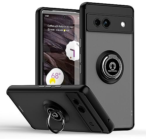 UPLAI Funda para Google Pixel 7A, Antigolpes Ultra Delgado Carcasa con Soporte Magnético Anillo, PC + Suave TPU Bumper Moda Escarchado Estuche Caso.(Negro)