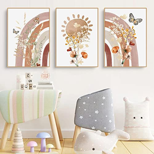 Herfair 3er Set Poster Kinderzimmer Deko Regenbogen Sonne Blume und Schmetterling Bilder, Kinderzimmer Deko Bilder Set Junge Mädchen Babyzimmer Kinderbilder (50x70cm)