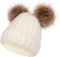 SERENYOU Damen Strickmützen Winter Bommelmütze mit Zwei Kunstpelz Bommel Weiß