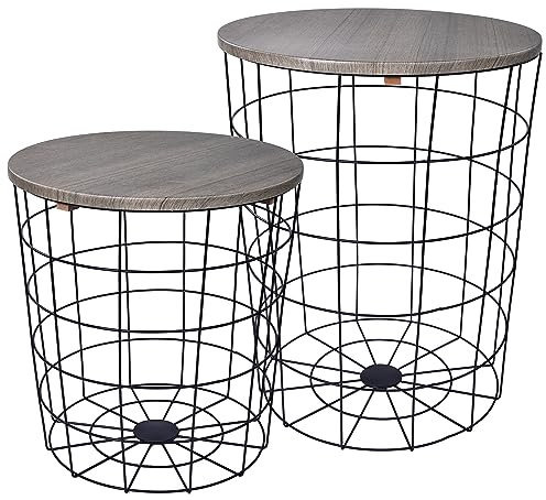 Elevon Wire Basket Base with Wood Tops Side Table Set of 2, Gray