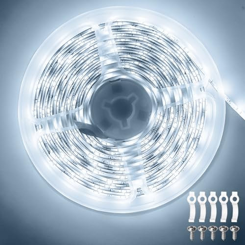 ShineBurky 12V LED Streifen Kaltweiß 5M, LED Strip Flexibel Schneidbar 300 SMD2835 LEDs Wasserdichtes Selbstklebend Lichtband für Innen Schlafzimmer Küche Weihnachten Deko, Kein Netzadapter