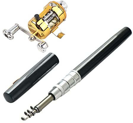Lwuey Mini Angelrute Rollen Combo, Taschen Angelrute Stiftform Angelset Tragbare Teleskop Leichtgewicht Frischwasser Fluss See Stausee Salzwasser Surf Küstengewässer Reise Geschenke Männer(Schwarz)