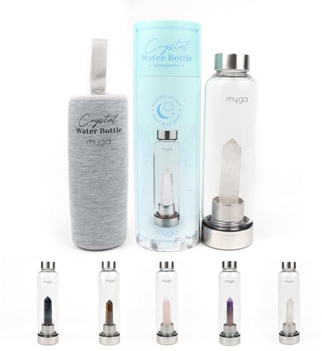 Myga Clear Quartz Crystal Water Bottle - 500ml Glass Drinks Bottle with Natural Healing Crystal & Neoprene Sleeve for Wellness & Self-Care - Gemstone: Clear Quartz