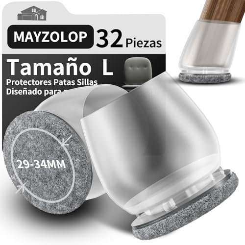 MAYZOLOP 32 Piezas Protector Patas Sillas, Transparentes Protectores Patas Sillas para Inclinación De Las Patas,Cubre Patas Sillas con Fieltro Gris para Suelos De Madera Dura, No Scratches No Noise