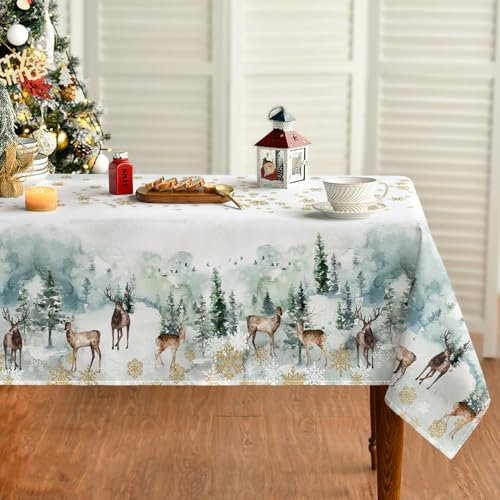 Artoid Mode Golden Schneeflocken Bäume Rentier Weihnachten Tischdecke 140x110 cm, Winter Vögel Fleckschutz Tischwäsche Küche Dekoration Party Dekor
