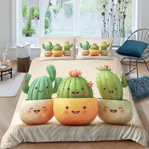 ZBOLI Kaktus 3 Teilige Microfaser Bettbezug Ins-Stil 3D Druck Teenager Kinder Bettwäsche Mit Reißverschluss Und Kissenbezug Betten Set King（220x240cm）