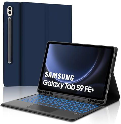 JADEMALL Coque Clavier avec Trackpad pour Samsung Tab S9 FE+/ S9 FE Plus 12.4 2023, AZERTY Français Clavier Rétroéclairé Détachable avec Touchpad pour Samsung Tab S9 FE+ 12.4 SM-X610/X616B, Bleu