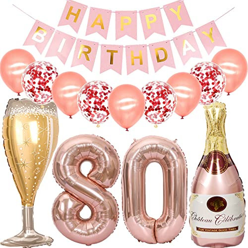 Feelairy Luftballon 80. Geburtstag Deko Frau, Rosegold Folienballon Weinflasche Sektflasche Helium Ballon Champagner Flasche, Girlande Happy Birthday Deko für Geburtstagsdeko 80 Jahre Frauen