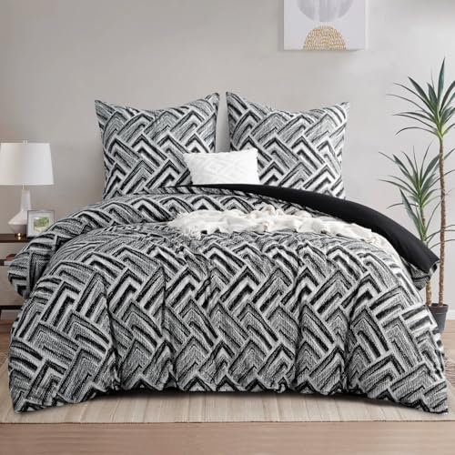 RUIKASI Bettwäsche 220x240 3 teilig Schwarz - Bettbezug 220 x 240 Set mit Geometrie Muster, Bettwäsche-Set 220x240cm aus Mikrofaser mit Reißverschluss Weich und Bügelfrei