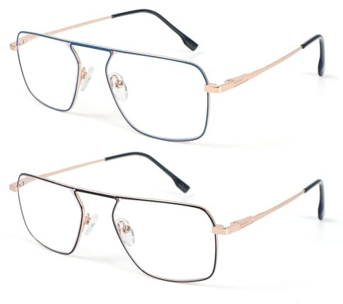 MMOWW 2er-Pack Lesebrille Herren Blaulichtfilter Metallrahmen Rechteck Computer Lesebrillen (Schwarz+Blau, +1.0)