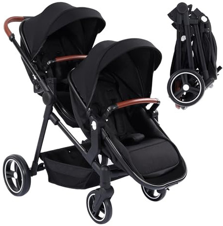 Passeggino Gemellare Doppio Leggero Carrozzina Pieghevole da Viaggio, Passeggino Tandem Compatto Con Sedili Reversibili, Navicella Bambino Carico Max 30 kg Dalla Nascita a 36 Mesi