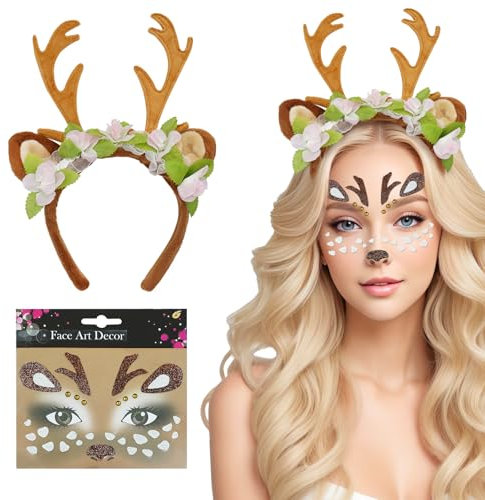 NebulaGlam Serre Tete Renne + Autocollants Visage de Renne, Serre-tête de Renne en Bois de Cerf, Serre Tete Renne Accessoire Noel, Serre Tete Noel Femme Accessoires Noel, pour Halloween, Carnaval (C)